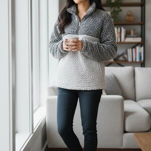 Nordstrom Thread & Supply Sherpa Pullover Medium Gray Cream 1/4 Zip Cozy Fleece